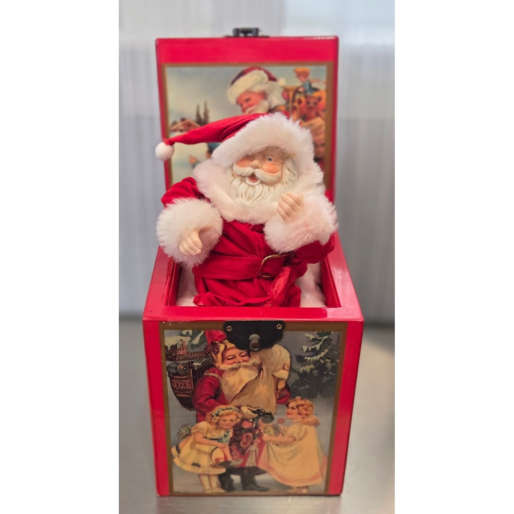 Vintage Enesco Santa Claus Jack in the Box Christmas Decor Red Wooden Music Box